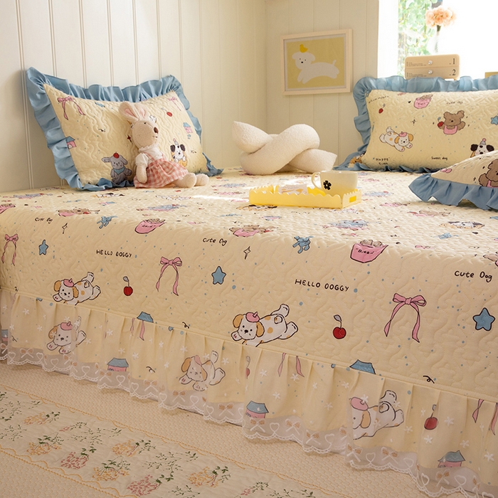 91家纺网 家纺一手货源 找家纺 美达家纺 2026新款A类全棉夹棉蕾丝花边榻榻米床垫大炕盖 可爱颂