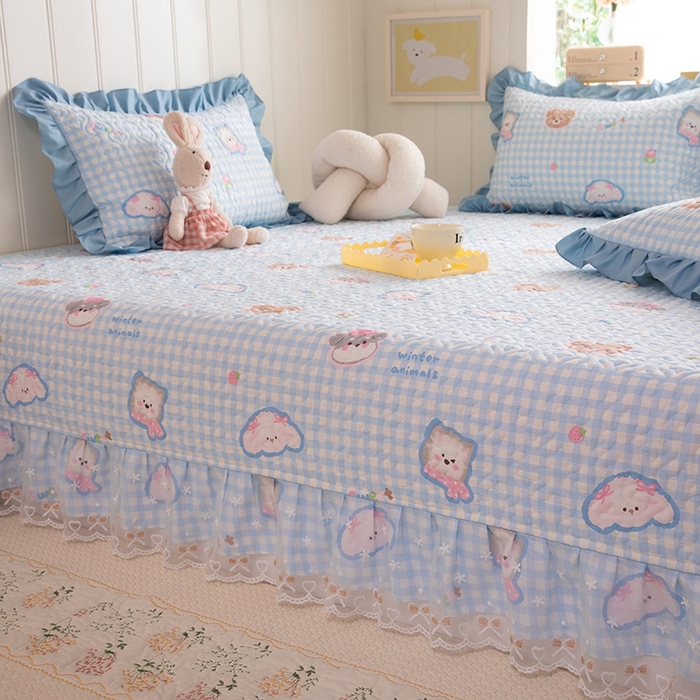 91家纺网 家纺一手货源 找家纺 美达家纺 2026新款A类全棉夹棉蕾丝花边榻榻米床垫大炕盖 甜蜜小狗