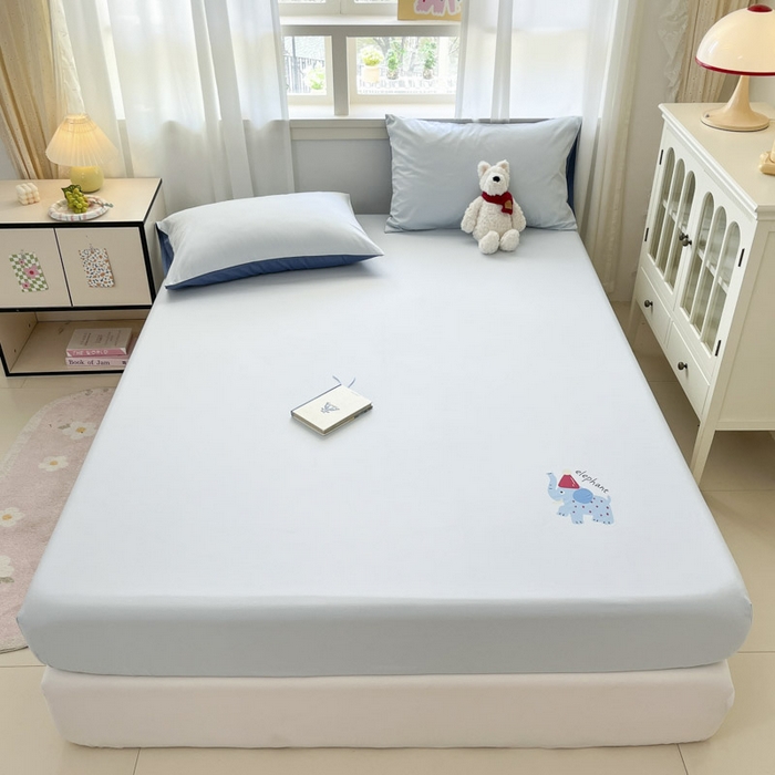 泽西家纺+V17798841158发大图 2026新品13376加密全棉卡通床笠三件套纯棉单床笠 福小象-晴空蓝