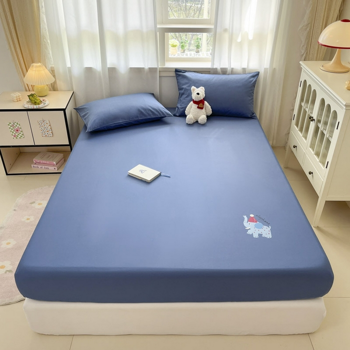 泽西家纺+V17798841158发大图 2026新品13376加密全棉卡通床笠三件套纯棉单床笠 福小象-牛仔蓝