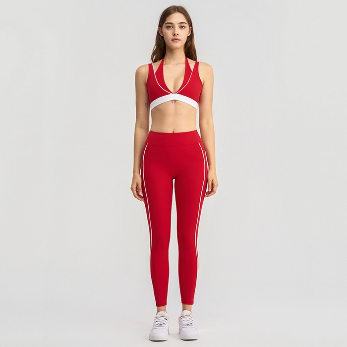 （总）沐珩家纺 2026新款跨境假两件撞色白条跑步健身短裤V领挂脖运动内衣文胸瑜伽服套装