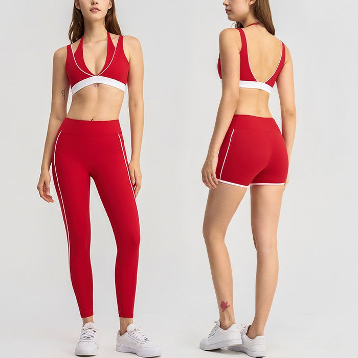 91家纺网 家纺一手货源 找家纺 （总）沐珩家纺 2026新款跨境假两件撞色白条跑步健身短裤V领挂脖运动内衣文胸瑜伽服套装