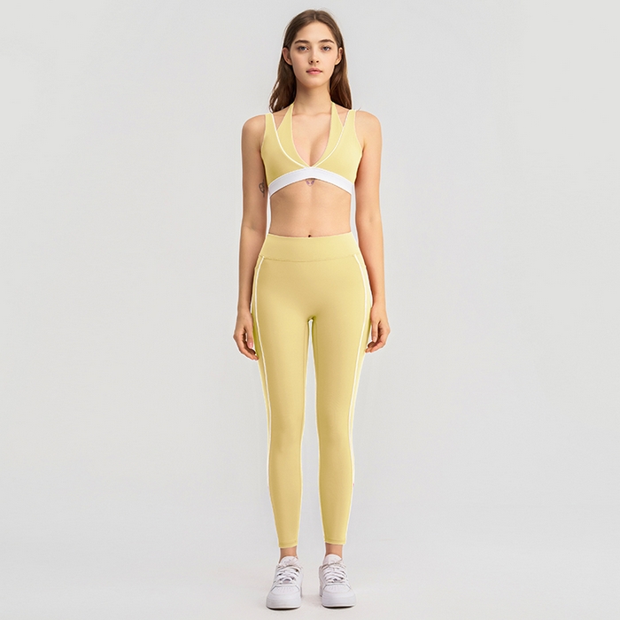 91家纺网 家纺一手货源 找家纺 （总）沐珩家纺 2026新款跨境假两件撞色白条跑步健身短裤V领挂脖运动内衣文胸瑜伽服套装