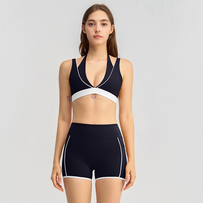 91家纺网 家纺一手货源 找家纺 （总）沐珩家纺 2026新款跨境假两件撞色白条跑步健身短裤V领挂脖运动内衣文胸瑜伽服套装