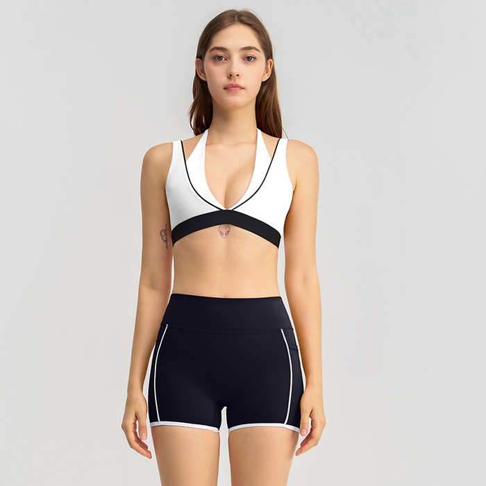 91家纺网 家纺一手货源 找家纺 （总）沐珩家纺 2026新款跨境假两件撞色白条跑步健身短裤V领挂脖运动内衣文胸瑜伽服套装
