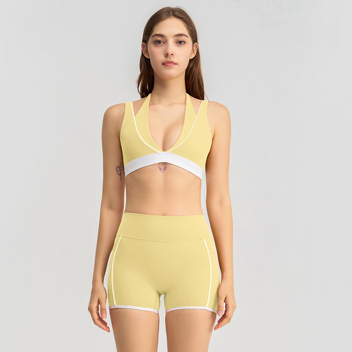 91家纺网 家纺一手货源 找家纺 （总）沐珩家纺 2026新款跨境假两件撞色白条跑步健身短裤V领挂脖运动内衣文胸瑜伽服套装