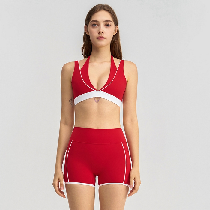 91家纺网 家纺一手货源 找家纺 （总）沐珩家纺 2026新款跨境假两件撞色白条跑步健身短裤V领挂脖运动内衣文胸瑜伽服套装