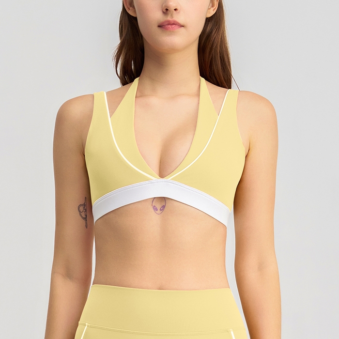 91家纺网 家纺一手货源 找家纺 （总）沐珩家纺 2026新款跨境假两件撞色白条跑步健身短裤V领挂脖运动内衣文胸瑜伽服套装