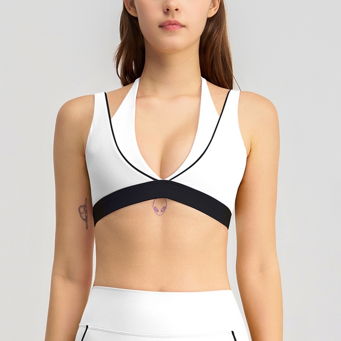 91家纺网 家纺一手货源 找家纺 （总）沐珩家纺 2026新款跨境假两件撞色白条跑步健身短裤V领挂脖运动内衣文胸瑜伽服套装