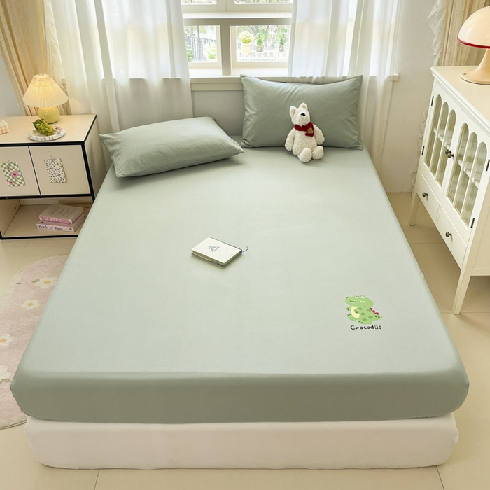 泽西家纺+V17798841158发大图 2026新品13376加密全棉卡通床笠三件套纯棉单床笠 开心鳄-豆绿