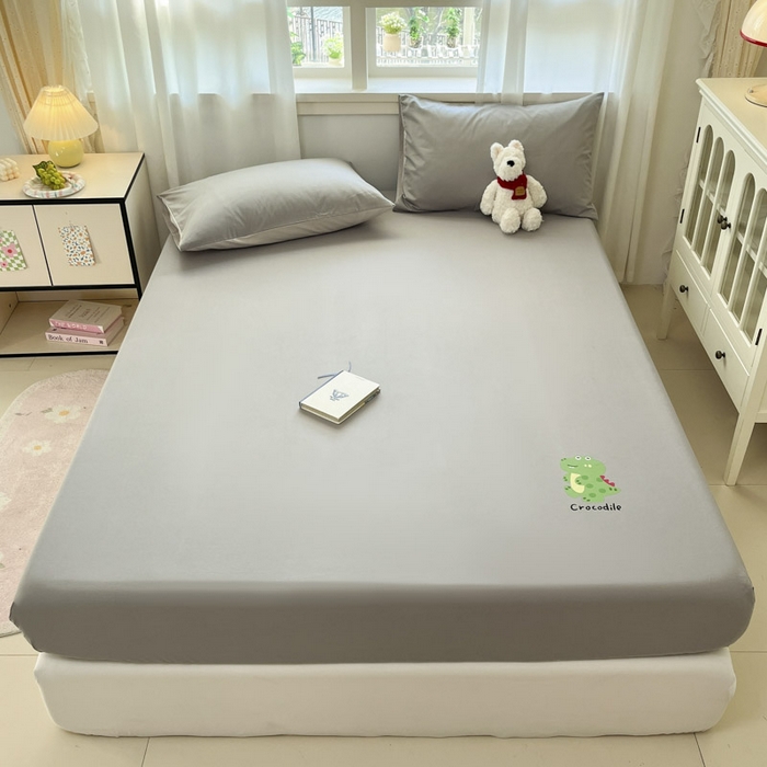 泽西家纺+V17798841158发大图 2026新品13376加密全棉卡通床笠三件套纯棉单床笠 开心鳄-绅士灰