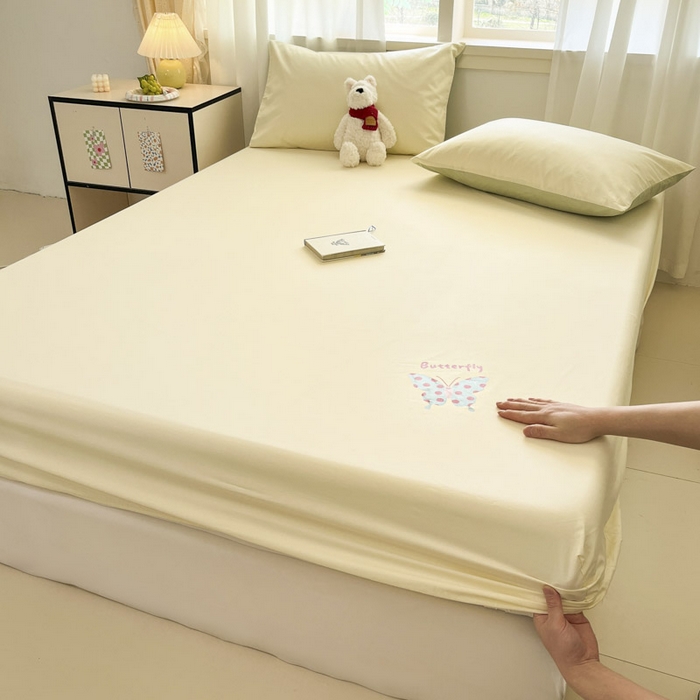 91家纺网 家纺一手货源 找家纺 泽西家纺+V17798841158发大图 2026新品13376加密全棉卡通床笠三件套纯棉单床笠 快乐蝶-奶油黄