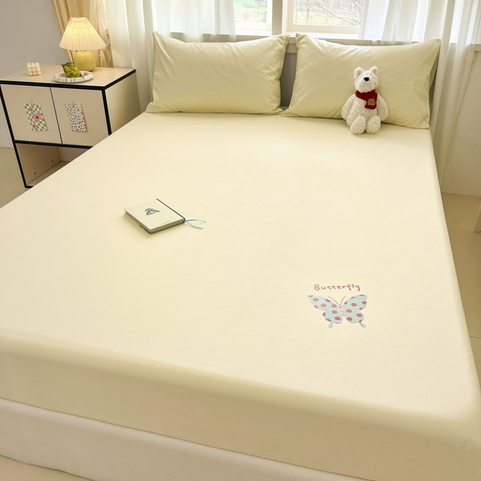 91家纺网 家纺一手货源 找家纺 泽西家纺+V17798841158发大图 2026新品13376加密全棉卡通床笠三件套纯棉单床笠 快乐蝶-奶油黄