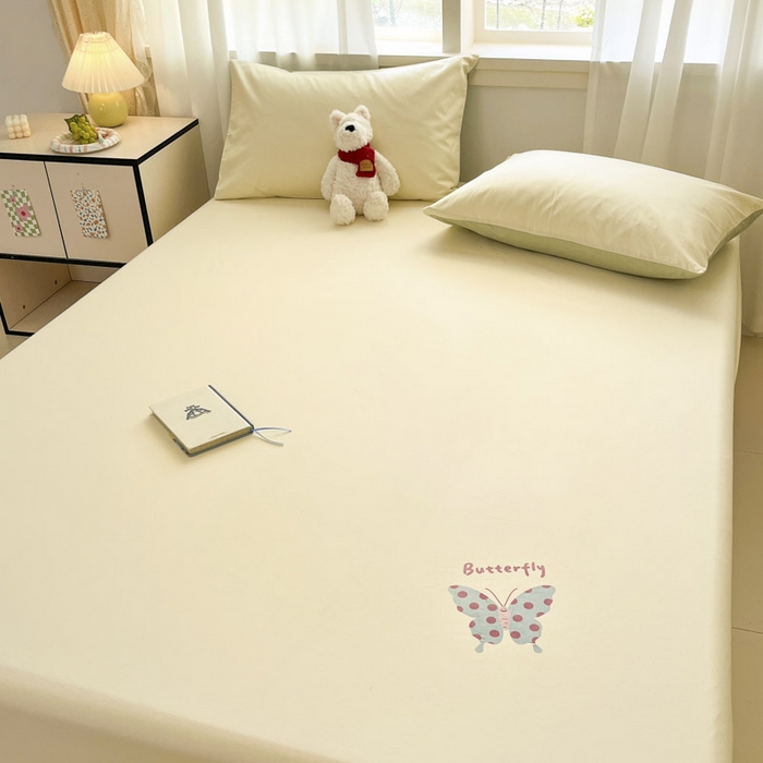 91家纺网 家纺一手货源 找家纺 泽西家纺+V17798841158发大图 2026新品13376加密全棉卡通床笠三件套纯棉单床笠 快乐蝶-奶油黄