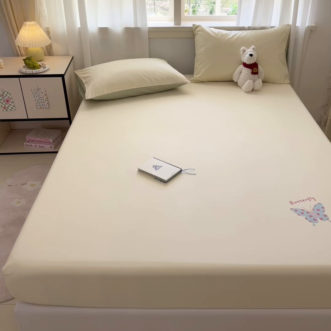 91家纺网 家纺一手货源 找家纺 泽西家纺+V17798841158发大图 2026新品13376加密全棉卡通床笠三件套纯棉单床笠 快乐蝶-奶油黄