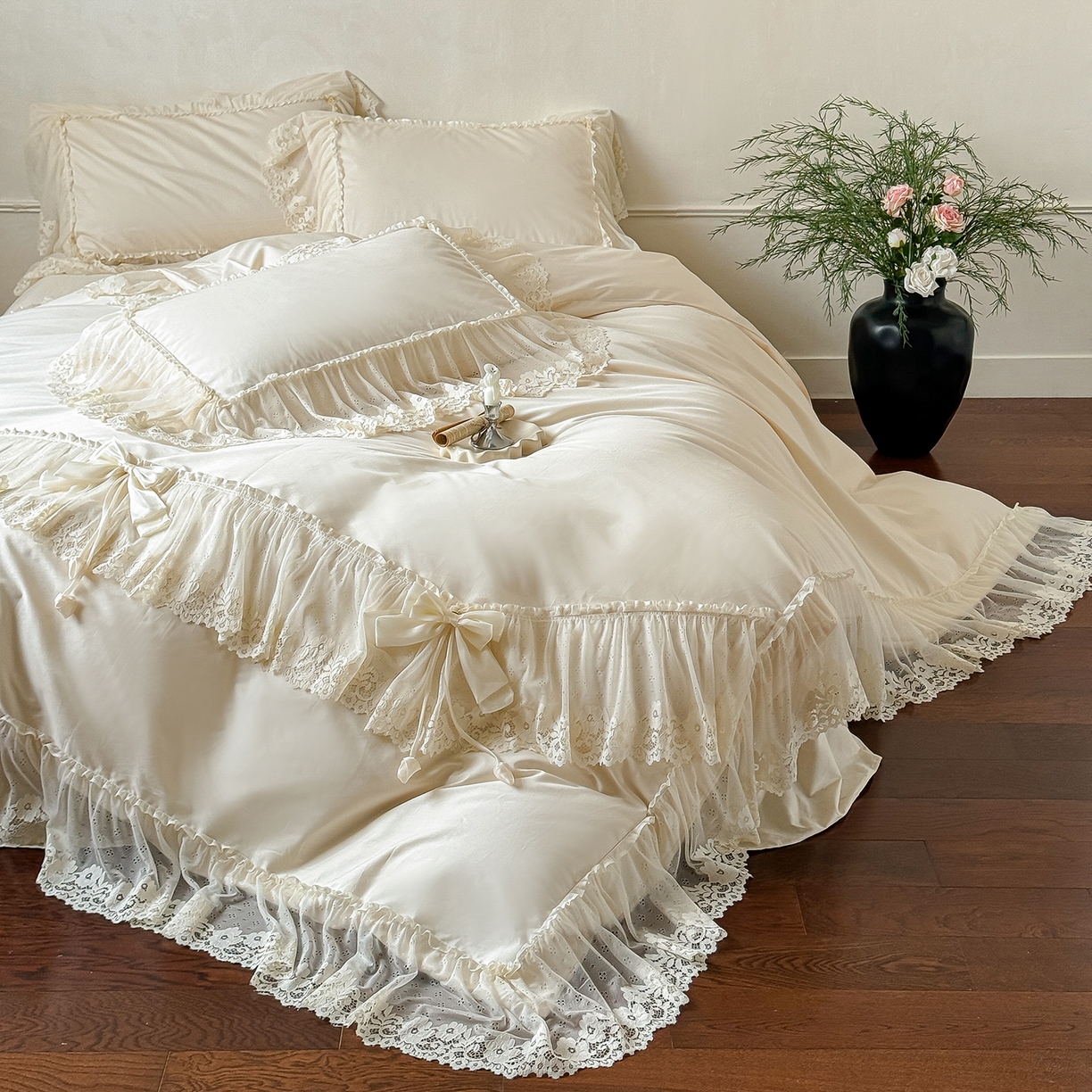 91家纺网 家纺一手货源 找家纺 （总）惯盈家纺 2026新款法式蕾丝韩版床裙款纯色全棉四件套-情书（含买家秀）【控价商品】,情书