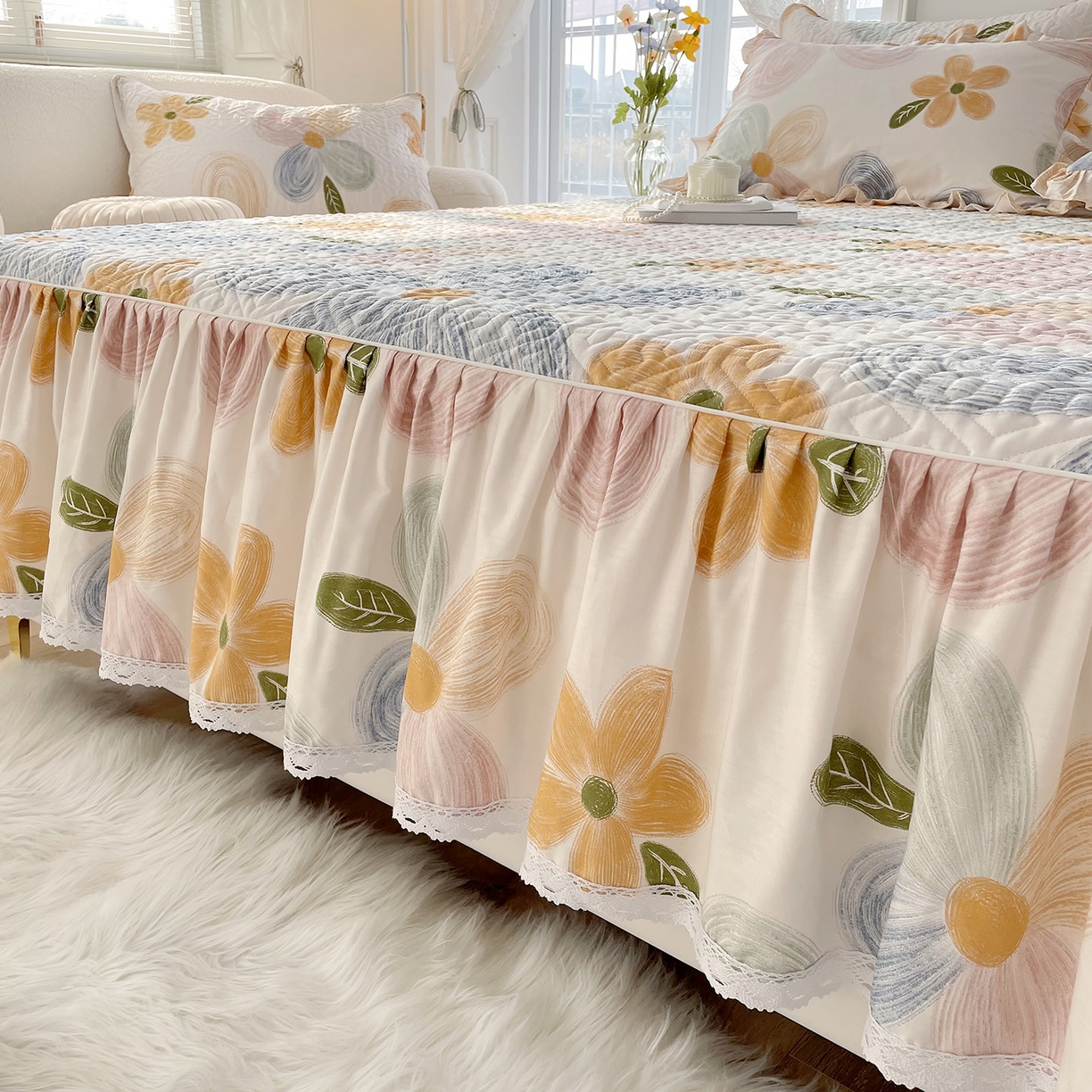 91家纺网 家纺一手货源 找家纺 （总）忘忧草 2026新款13372全棉夹棉款床笠式床裙