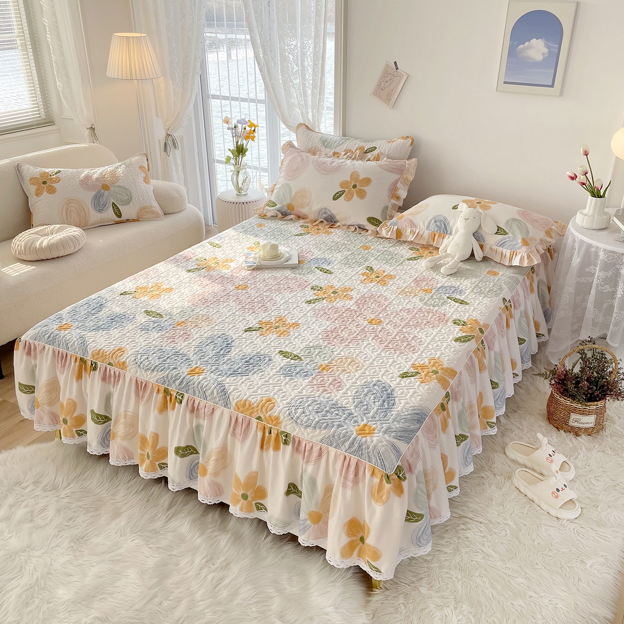 91家纺网 家纺一手货源 找家纺 （总）忘忧草 2026新款13372全棉夹棉款床笠式床裙