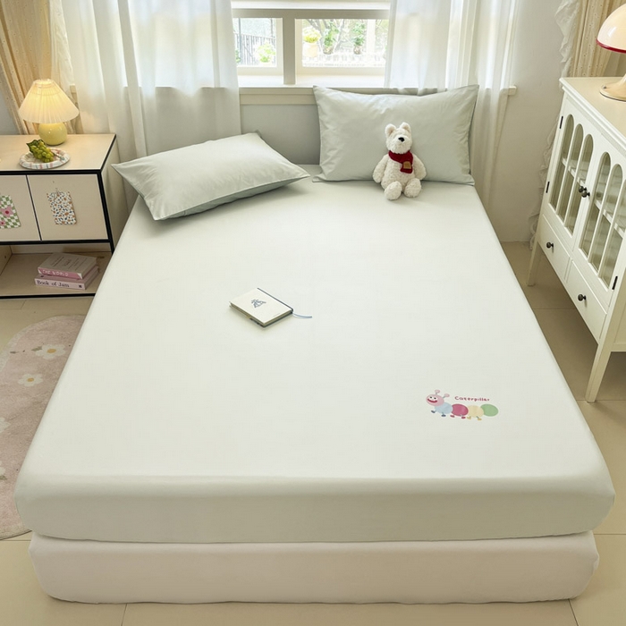 泽西家纺+V17798841158发大图 2026新品13376加密全棉卡通床笠三件套纯棉单床笠 淘气虫-云水绿