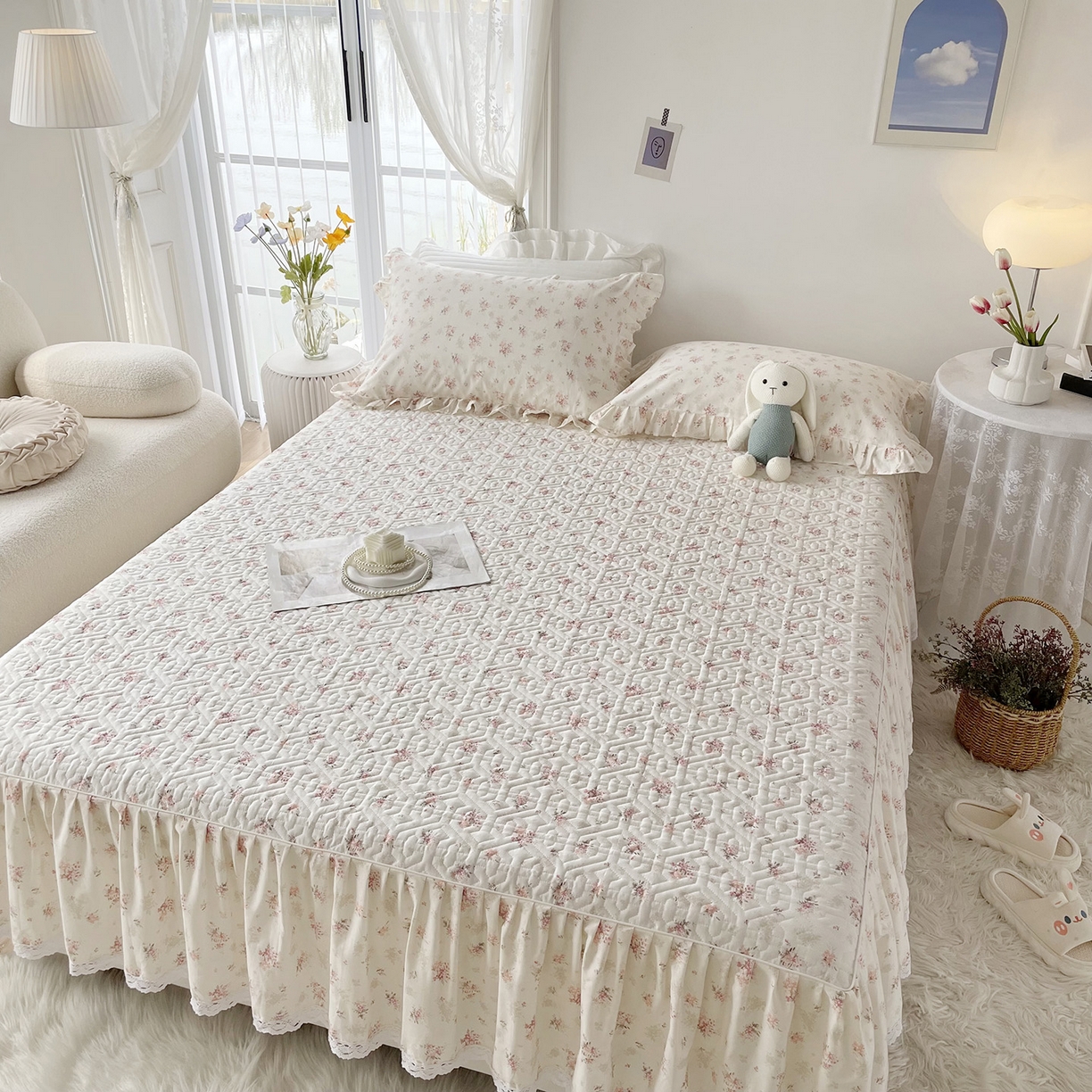 91家纺网 家纺一手货源 找家纺 忘忧草 2026新款13372全棉夹棉款床笠式床裙 1屋顶花园