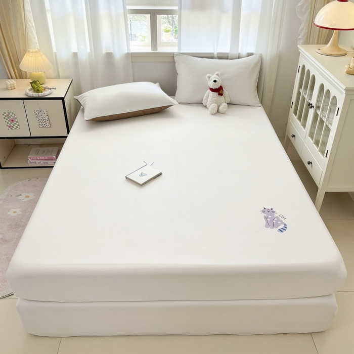 泽西家纺+V17798841158发大图 2026新品13376加密全棉卡通床笠三件套纯棉单床笠 幸运猫-露白