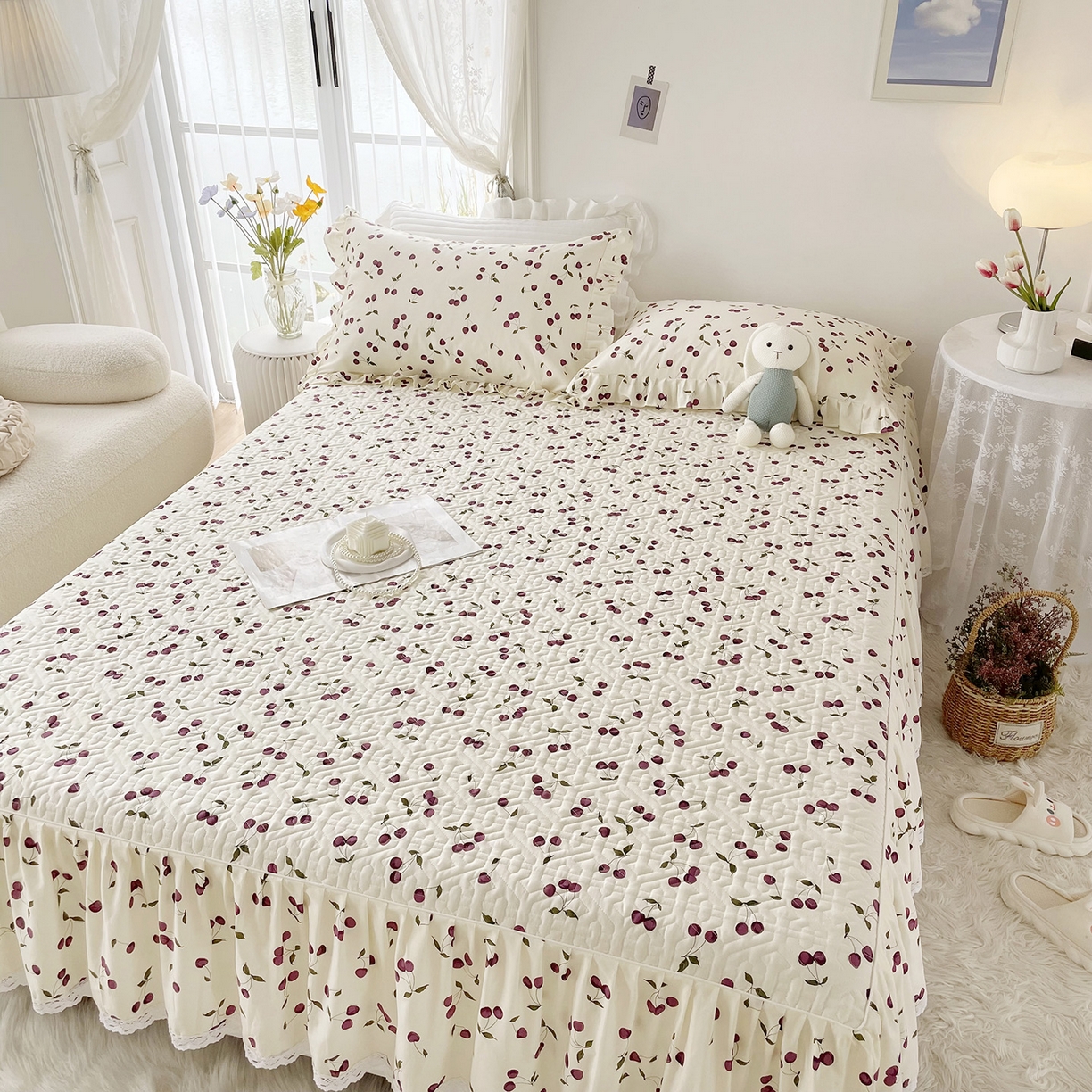 91家纺网 家纺一手货源 找家纺 忘忧草 2026新款13372全棉夹棉款床笠式床裙 2樱桃季 紫