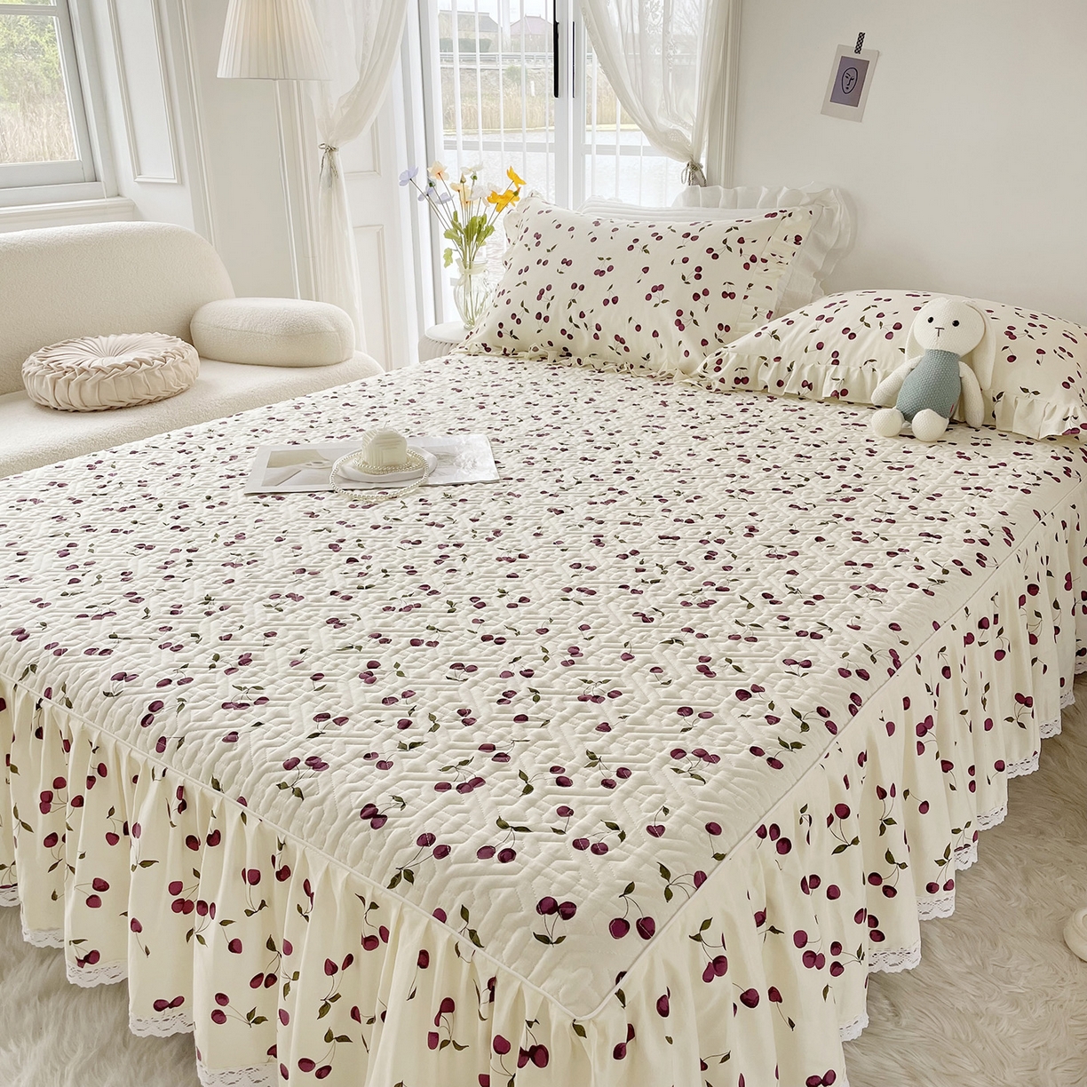 91家纺网 家纺一手货源 找家纺 忘忧草 2026新款13372全棉夹棉款床笠式床裙 2樱桃季 紫