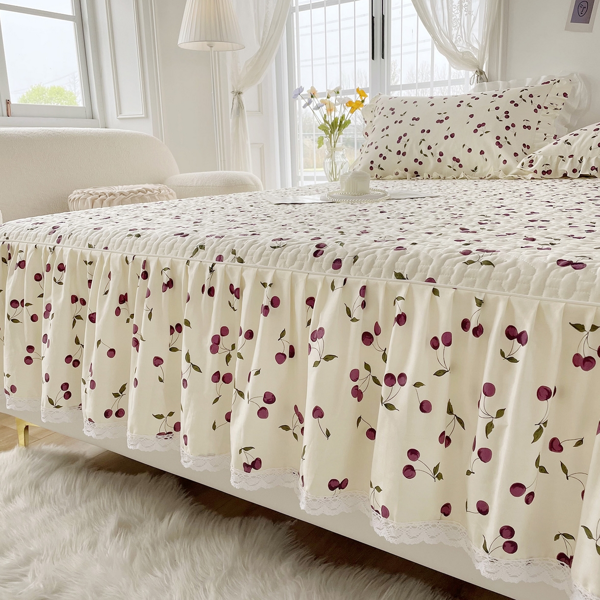 91家纺网 家纺一手货源 找家纺 忘忧草 2026新款13372全棉夹棉款床笠式床裙 2樱桃季 紫