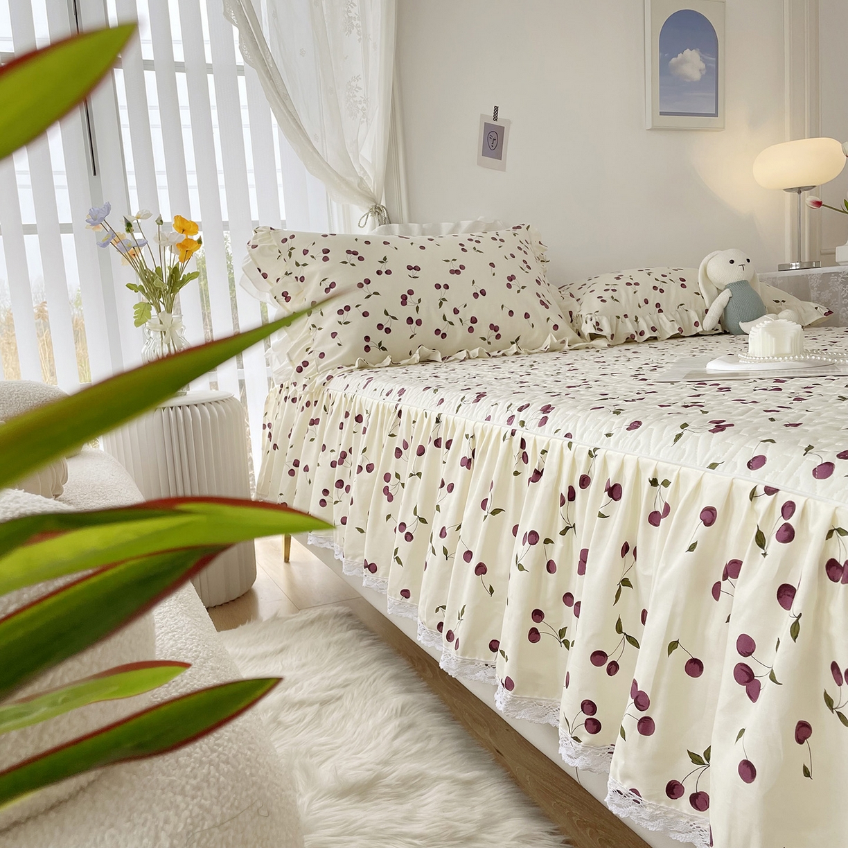 91家纺网 家纺一手货源 找家纺 忘忧草 2026新款13372全棉夹棉款床笠式床裙 2樱桃季 紫