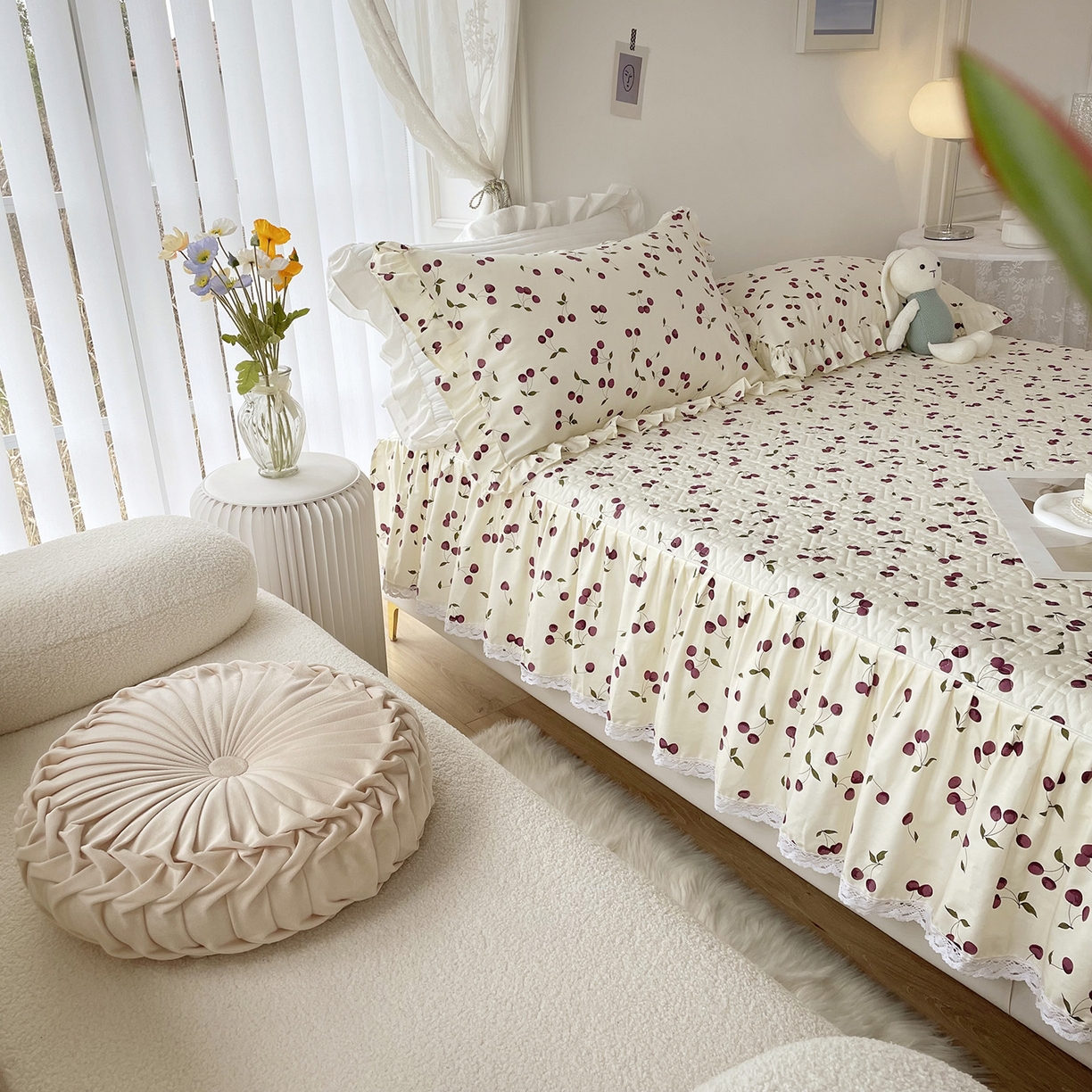 91家纺网 家纺一手货源 找家纺 忘忧草 2026新款13372全棉夹棉款床笠式床裙 2樱桃季 紫