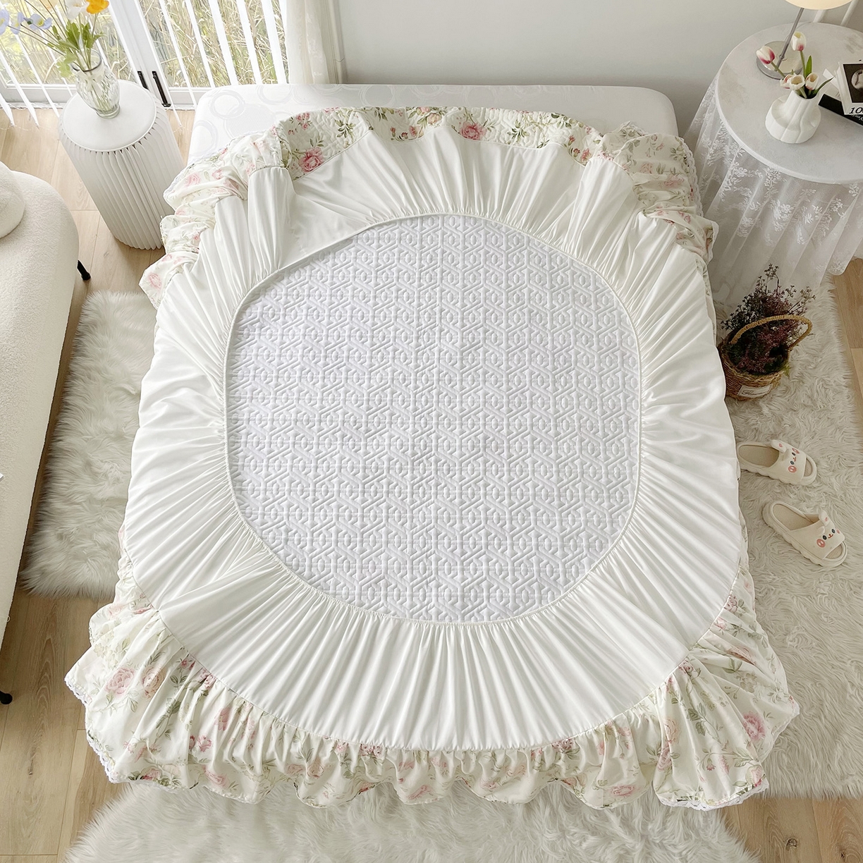 91家纺网 家纺一手货源 找家纺 忘忧草 2026新款13372全棉夹棉款床笠式床裙 3蜜汁 粉