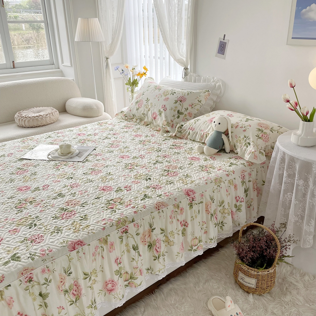 91家纺网 家纺一手货源 找家纺 忘忧草 2026新款13372全棉夹棉款床笠式床裙 3蜜汁 粉