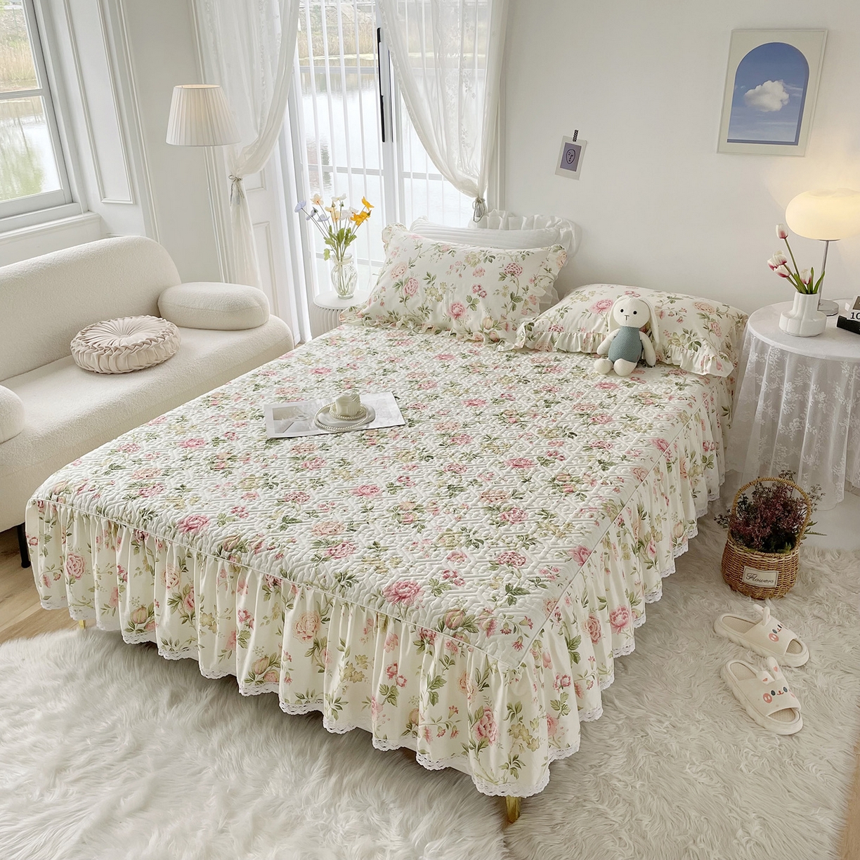 91家纺网 家纺一手货源 找家纺 忘忧草 2026新款13372全棉夹棉款床笠式床裙 3蜜汁 粉