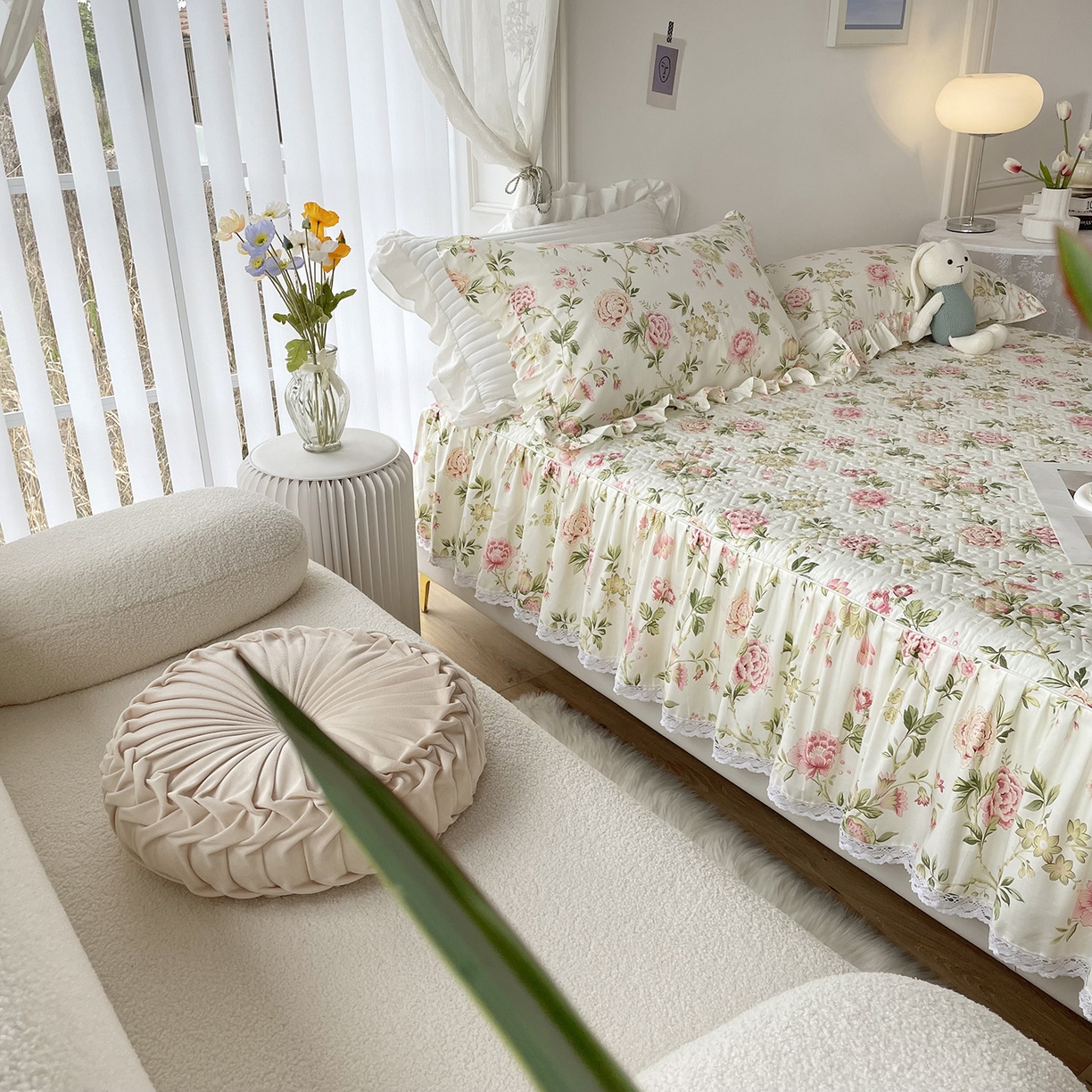 91家纺网 家纺一手货源 找家纺 忘忧草 2026新款13372全棉夹棉款床笠式床裙 3蜜汁 粉