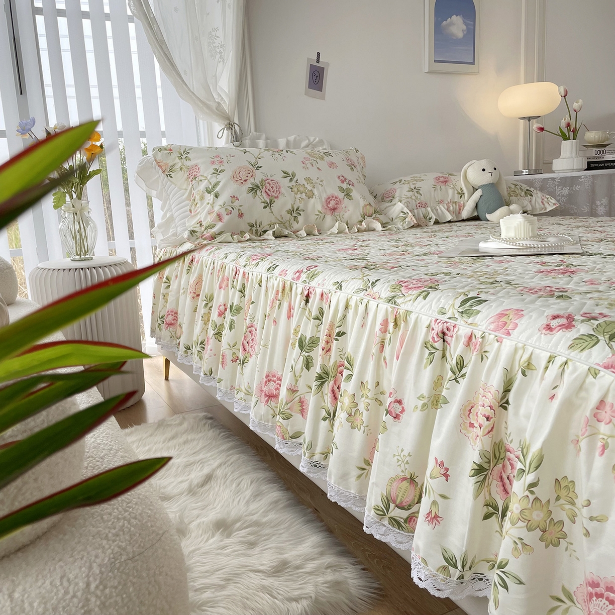 91家纺网 家纺一手货源 找家纺 忘忧草 2026新款13372全棉夹棉款床笠式床裙 3蜜汁 粉