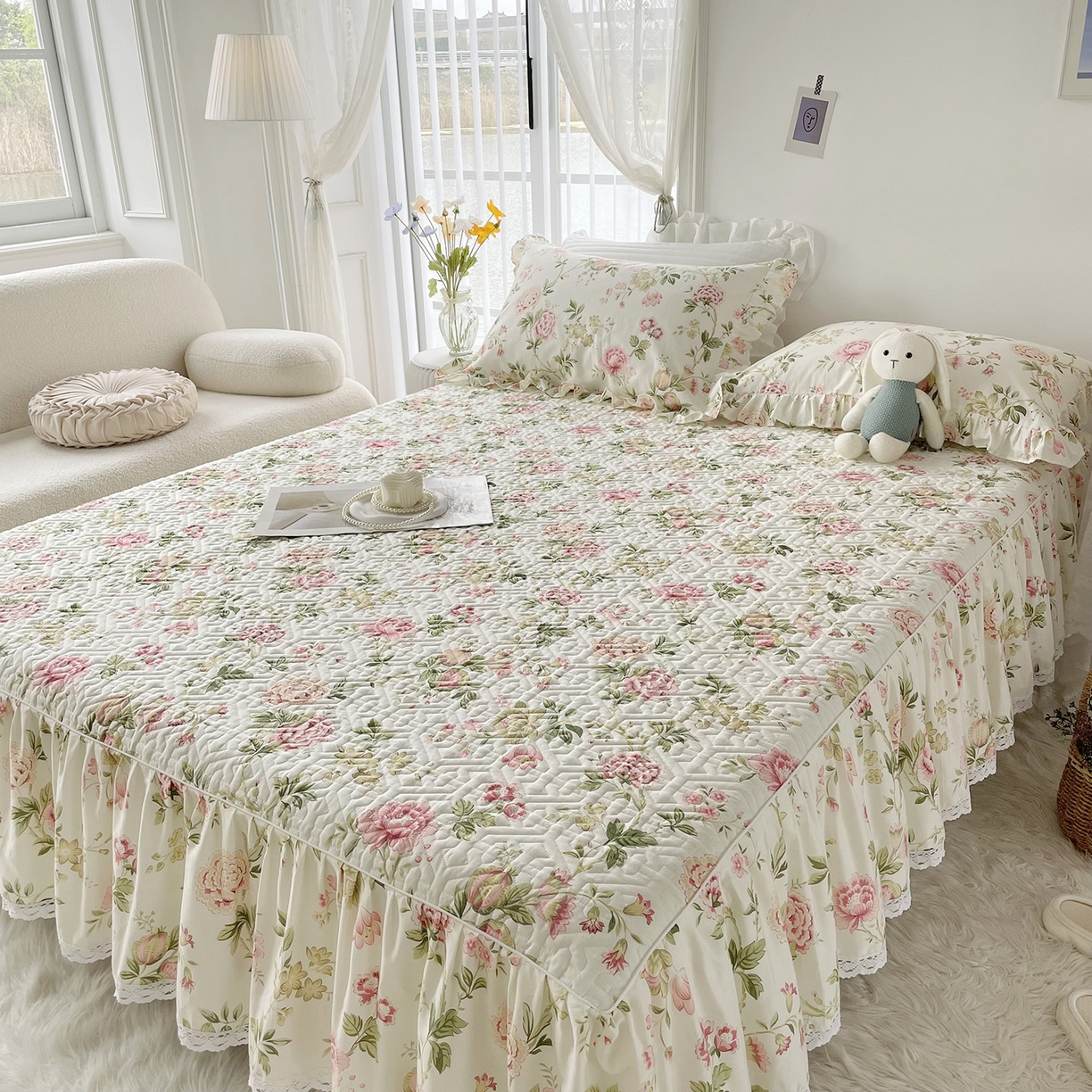 91家纺网 家纺一手货源 找家纺 忘忧草 2026新款13372全棉夹棉款床笠式床裙 3蜜汁 粉