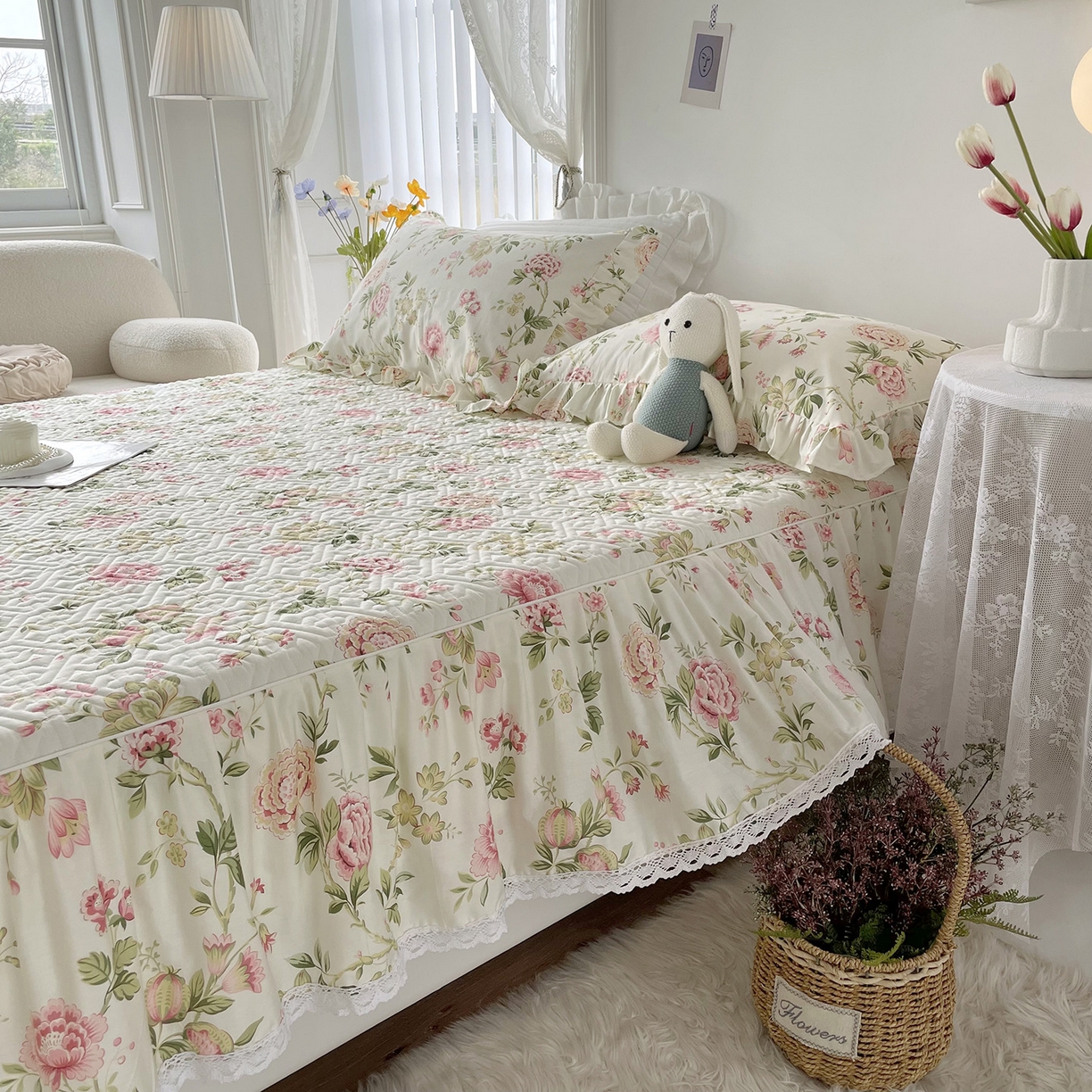 91家纺网 家纺一手货源 找家纺 忘忧草 2026新款13372全棉夹棉款床笠式床裙 3蜜汁 粉