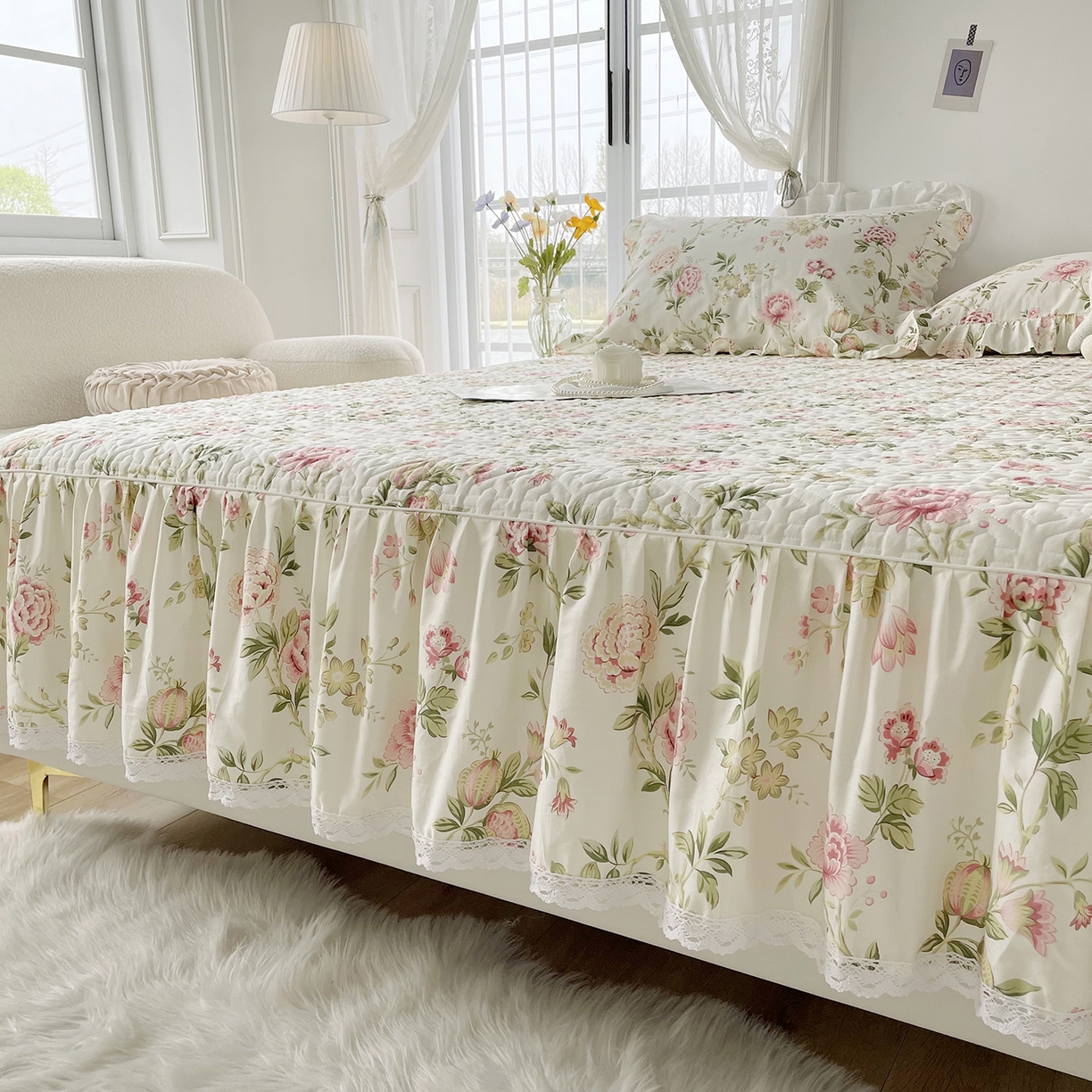 91家纺网 家纺一手货源 找家纺 忘忧草 2026新款13372全棉夹棉款床笠式床裙 3蜜汁 粉