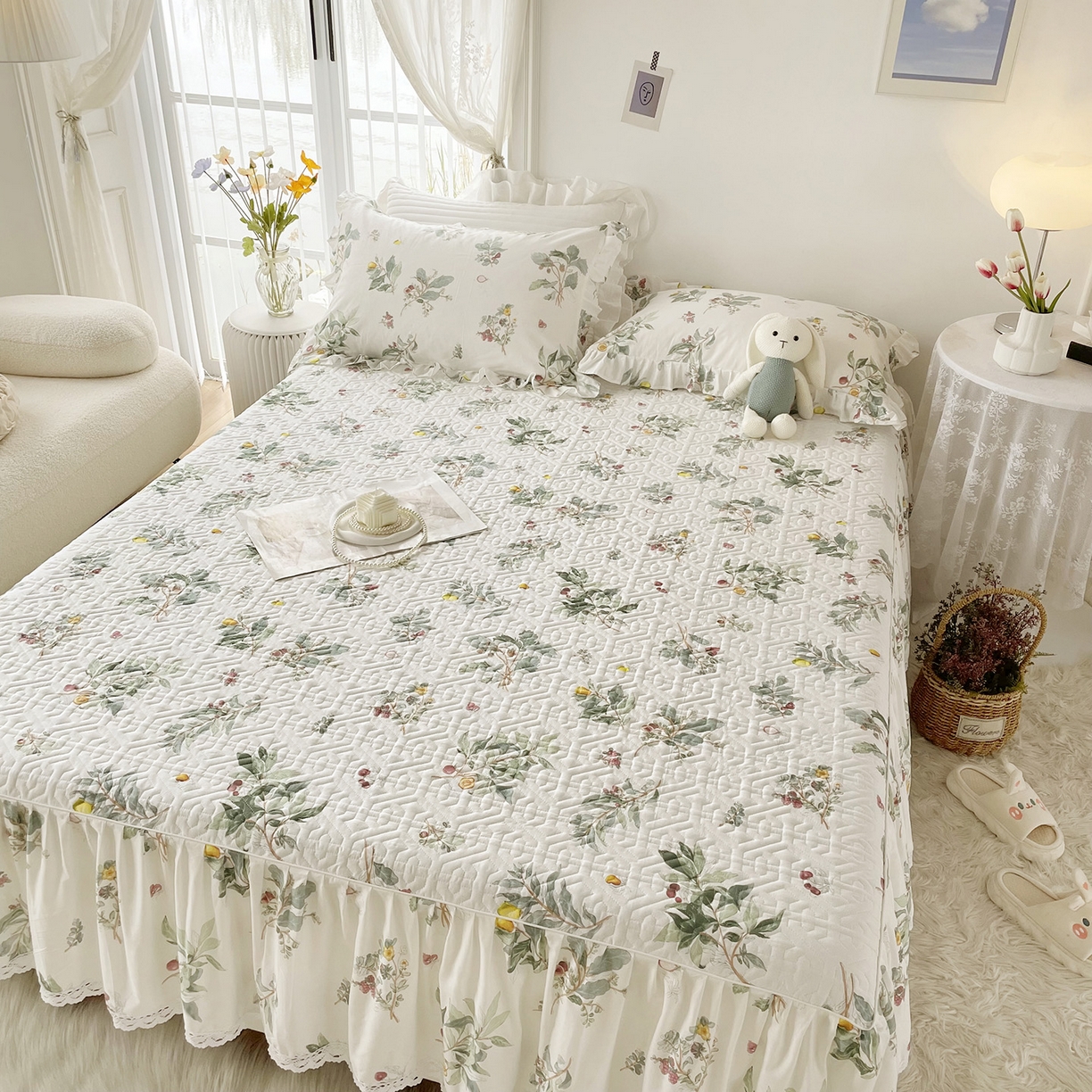 91家纺网 家纺一手货源 找家纺 忘忧草 2026新款13372全棉夹棉款床笠式床裙 4南枝