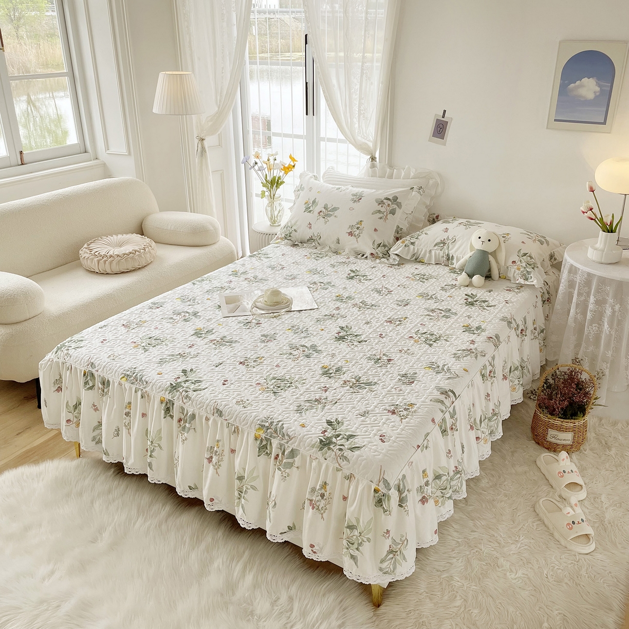 91家纺网 家纺一手货源 找家纺 忘忧草 2026新款13372全棉夹棉款床笠式床裙 4南枝