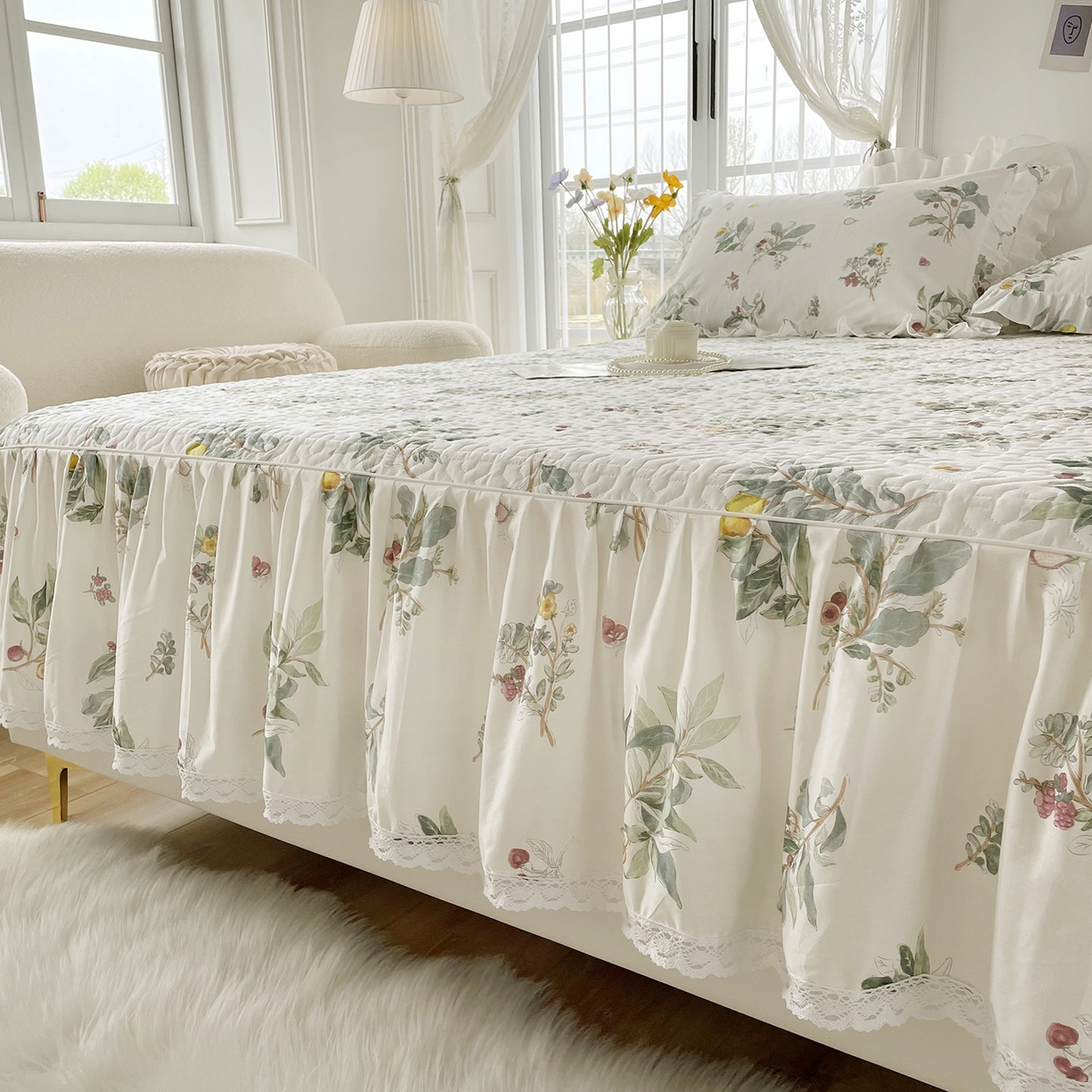 91家纺网 家纺一手货源 找家纺 忘忧草 2026新款13372全棉夹棉款床笠式床裙 4南枝