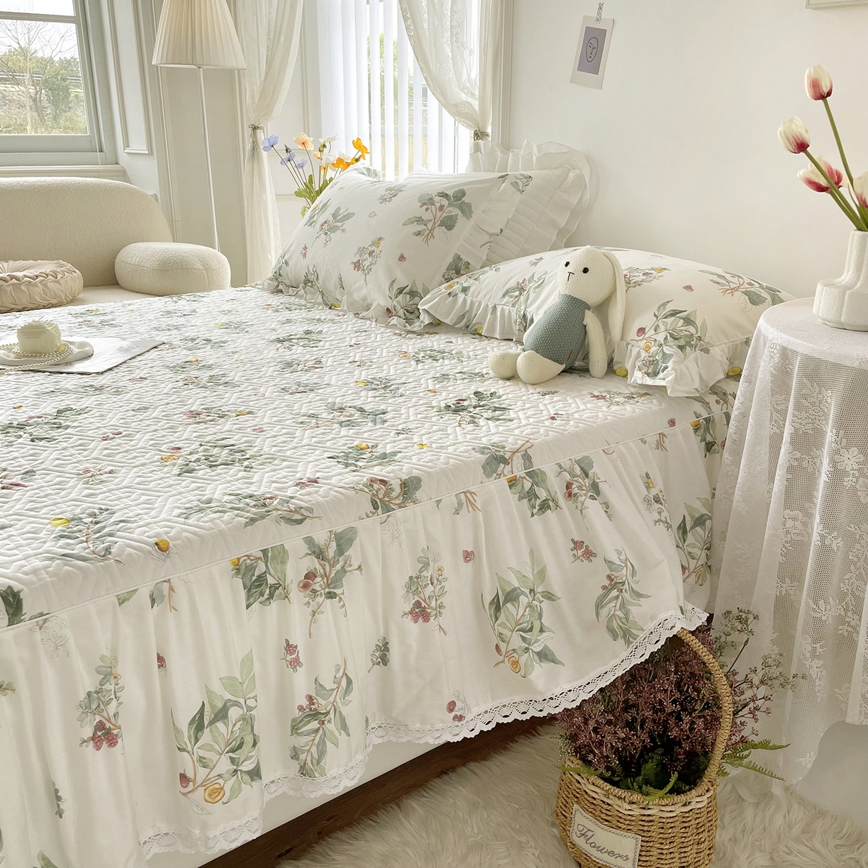 91家纺网 家纺一手货源 找家纺 忘忧草 2026新款13372全棉夹棉款床笠式床裙 4南枝