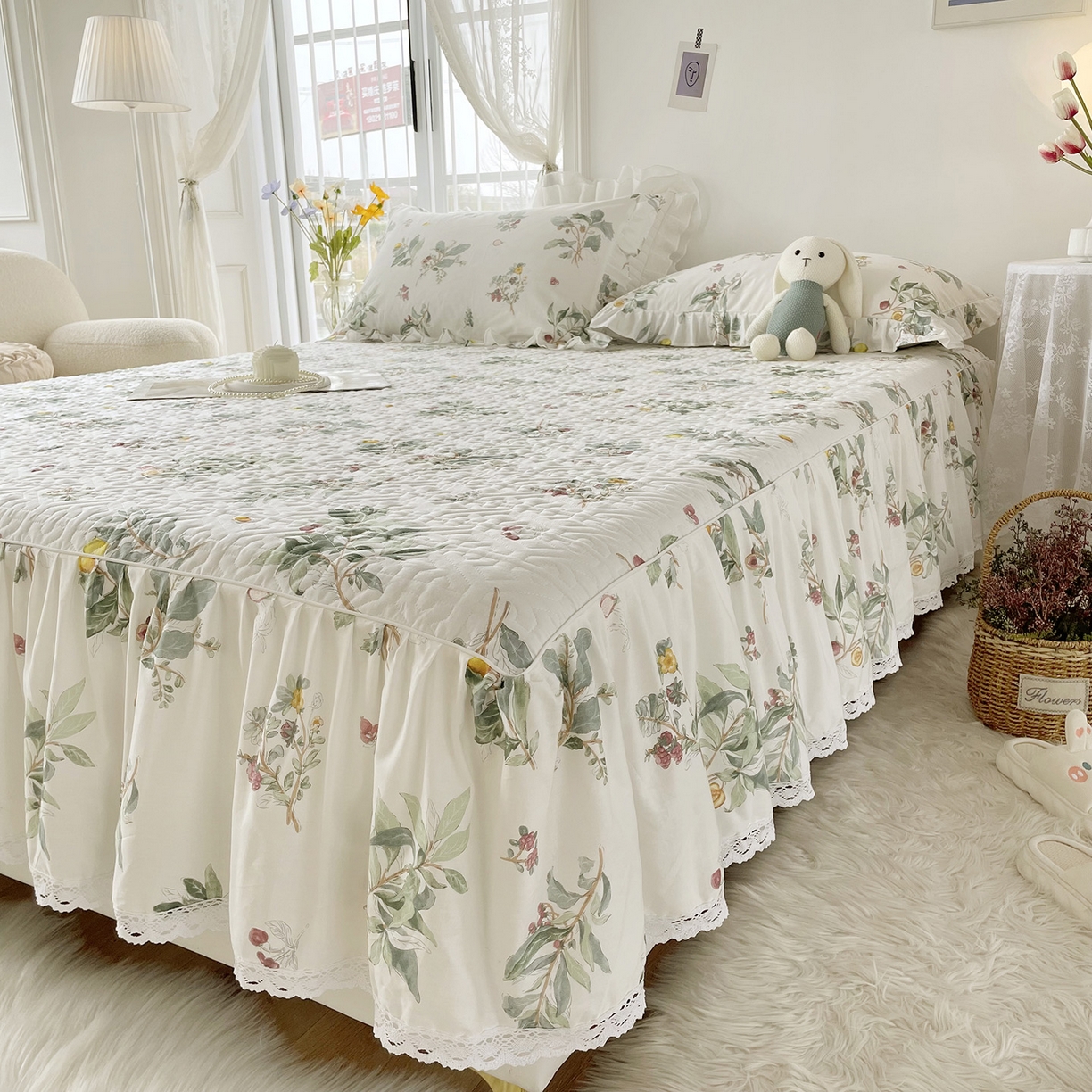 91家纺网 家纺一手货源 找家纺 忘忧草 2026新款13372全棉夹棉款床笠式床裙 4南枝