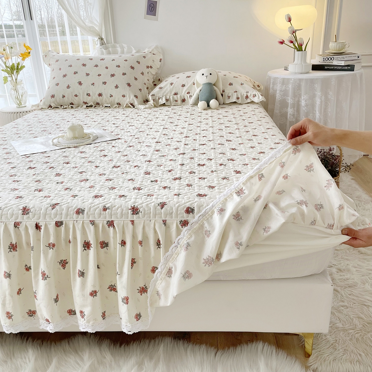 91家纺网 家纺一手货源 找家纺 忘忧草 2026新款13372全棉夹棉款床笠式床裙 5如愿