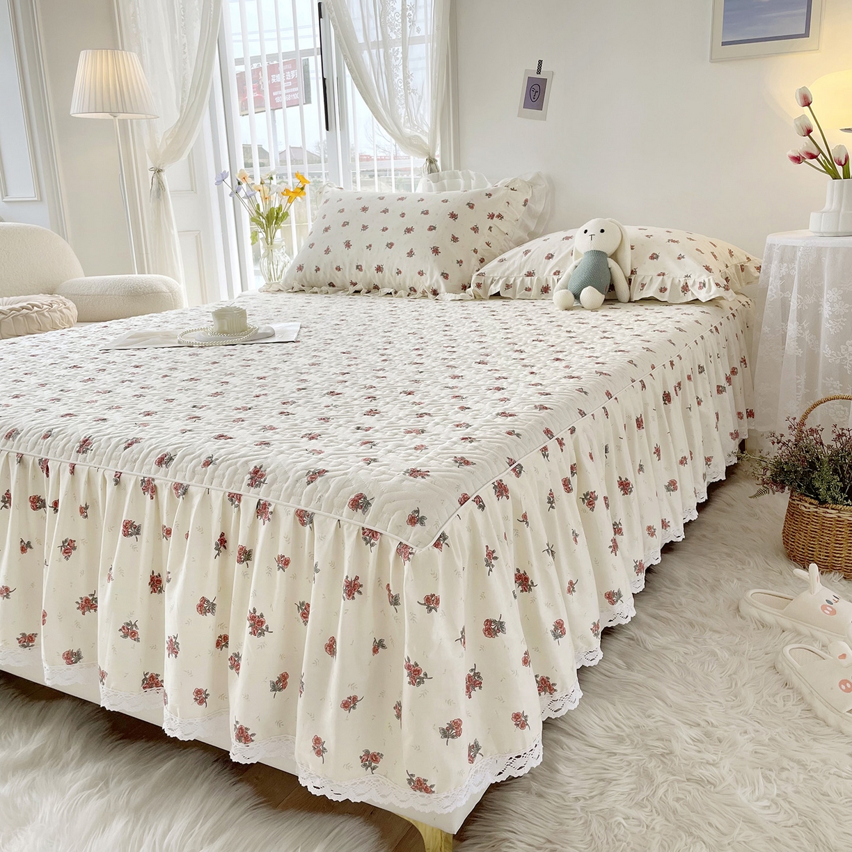 91家纺网 家纺一手货源 找家纺 忘忧草 2026新款13372全棉夹棉款床笠式床裙 5如愿