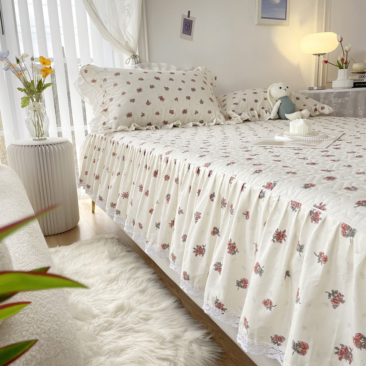 91家纺网 家纺一手货源 找家纺 忘忧草 2026新款13372全棉夹棉款床笠式床裙 5如愿