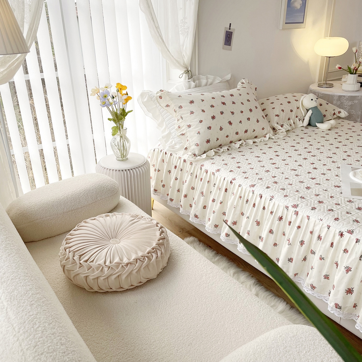 91家纺网 家纺一手货源 找家纺 忘忧草 2026新款13372全棉夹棉款床笠式床裙 5如愿