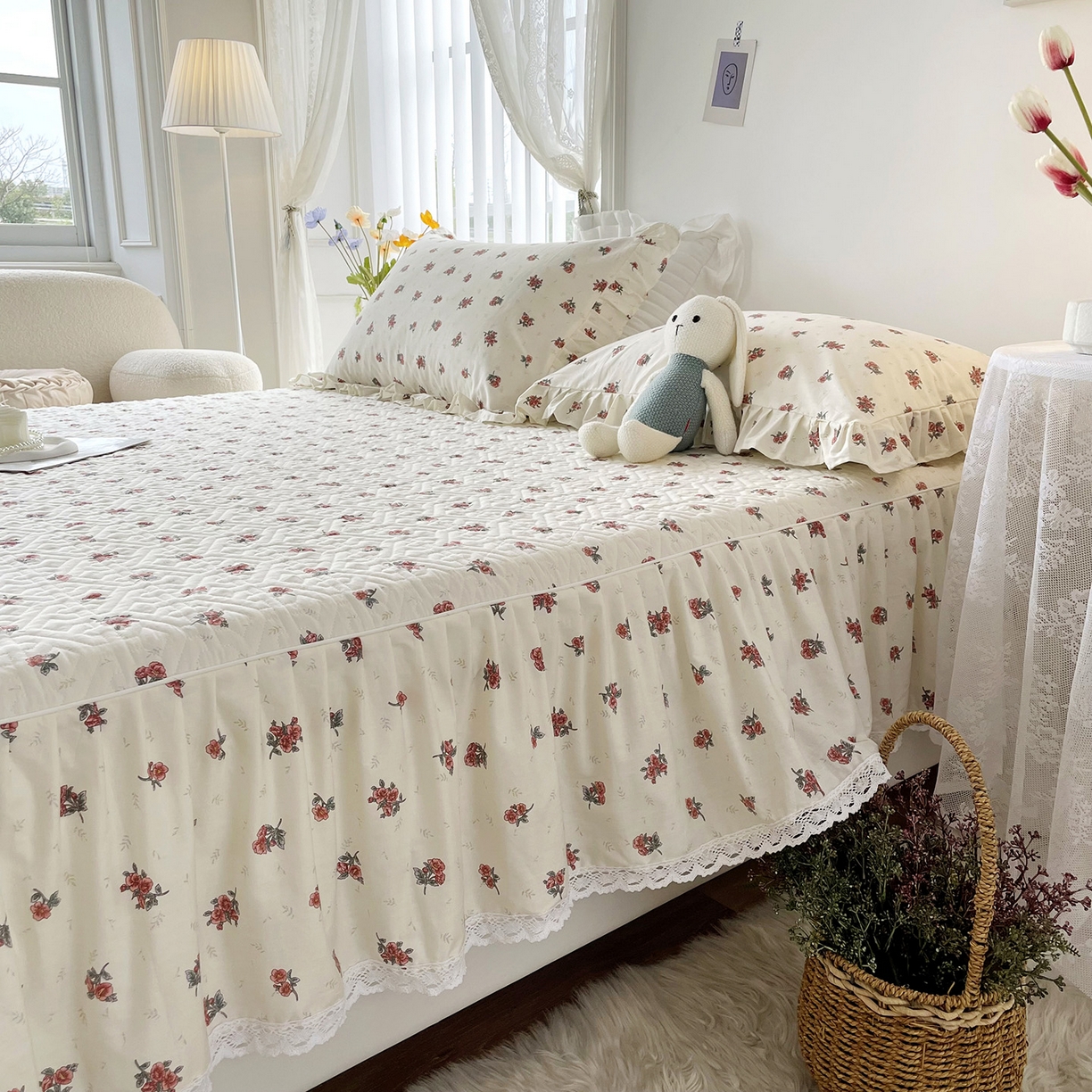 91家纺网 家纺一手货源 找家纺 忘忧草 2026新款13372全棉夹棉款床笠式床裙 5如愿