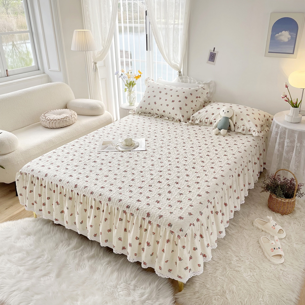 91家纺网 家纺一手货源 找家纺 忘忧草 2026新款13372全棉夹棉款床笠式床裙 5如愿