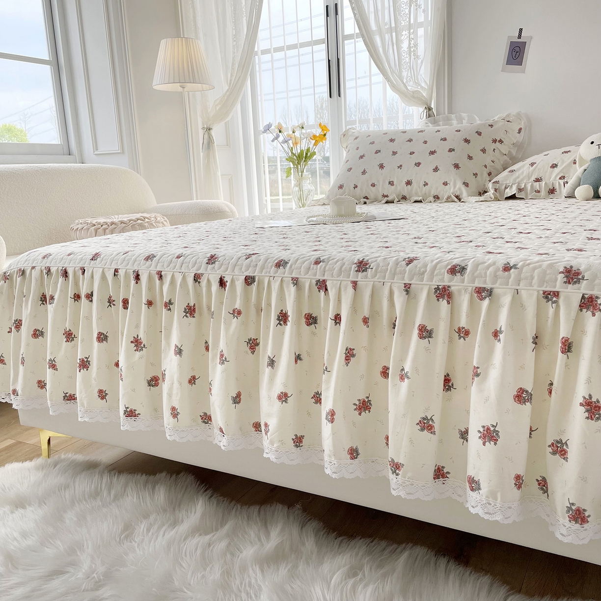 91家纺网 家纺一手货源 找家纺 忘忧草 2026新款13372全棉夹棉款床笠式床裙 5如愿